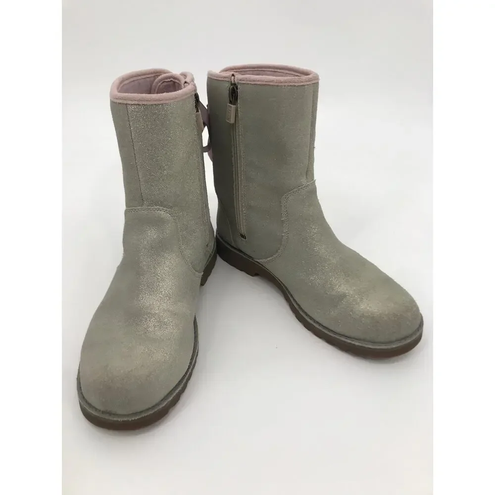 UGG Girls Corene Silver Metallic Suede Pink Lace Up Boots Size 6